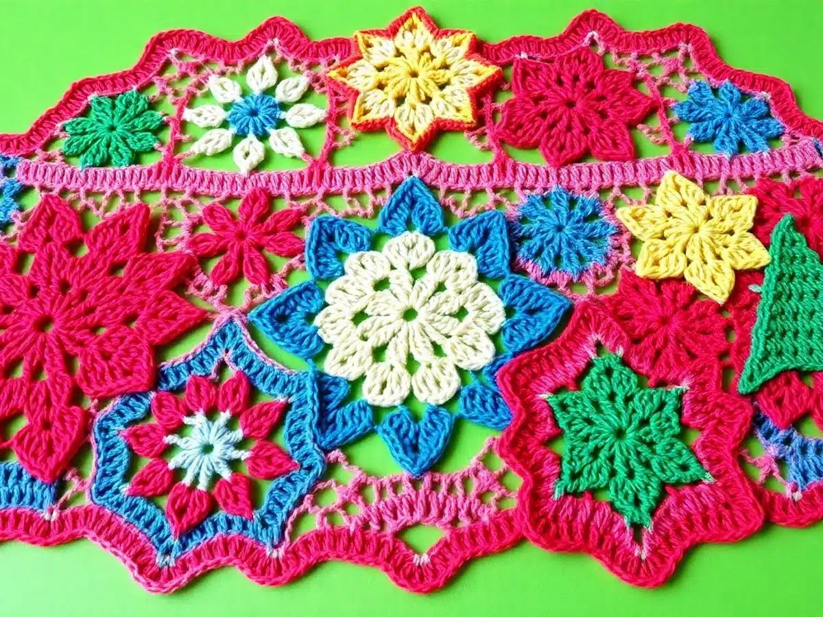Colorful crochet Christmas patterns with festive designs.