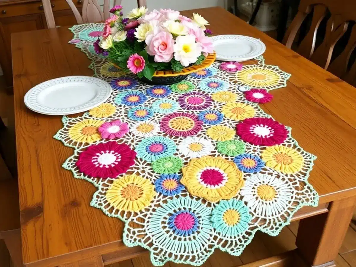 Floral crochet table runner on rustic wooden dining table.