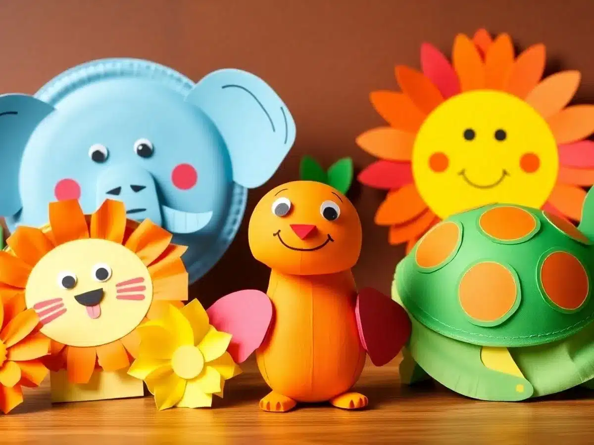Colorful paper plate animals including a lion and elephant.