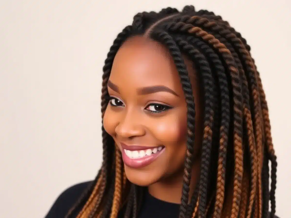 Model with vibrant crochet braids hairstyle.