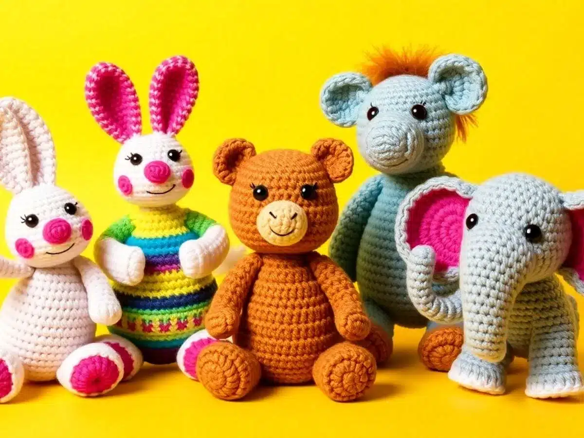 Colorful crochet animals including a bunny, bear, and elephant.