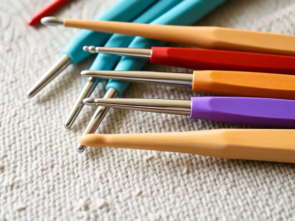 Various colorful crochet hooks on a textured surface.
