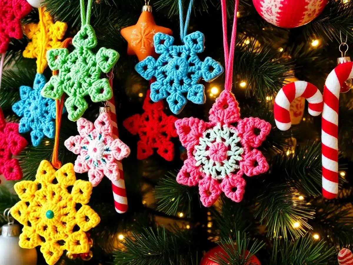 Colorful crochet ornaments on a decorated Christmas tree.