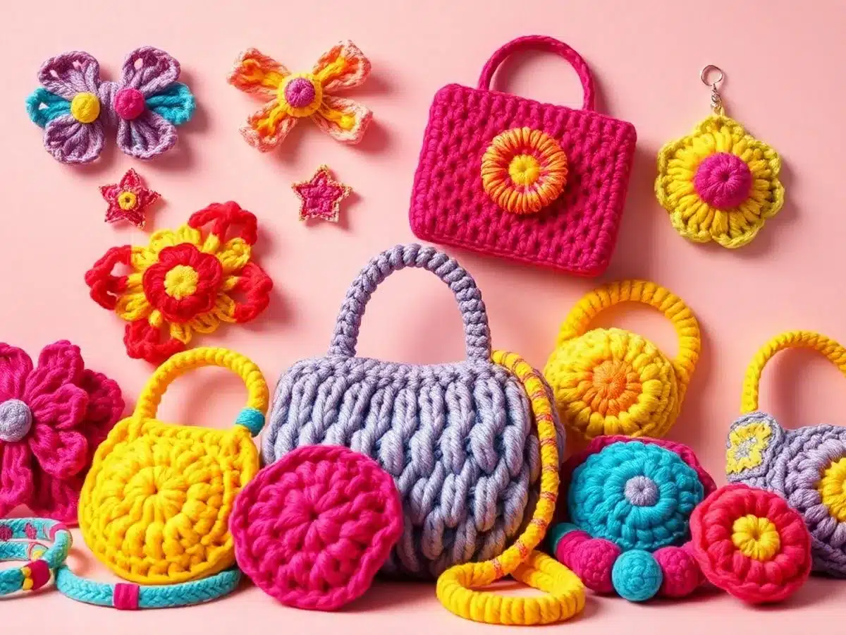 Colorful Y2K crochet accessories on a pastel background.