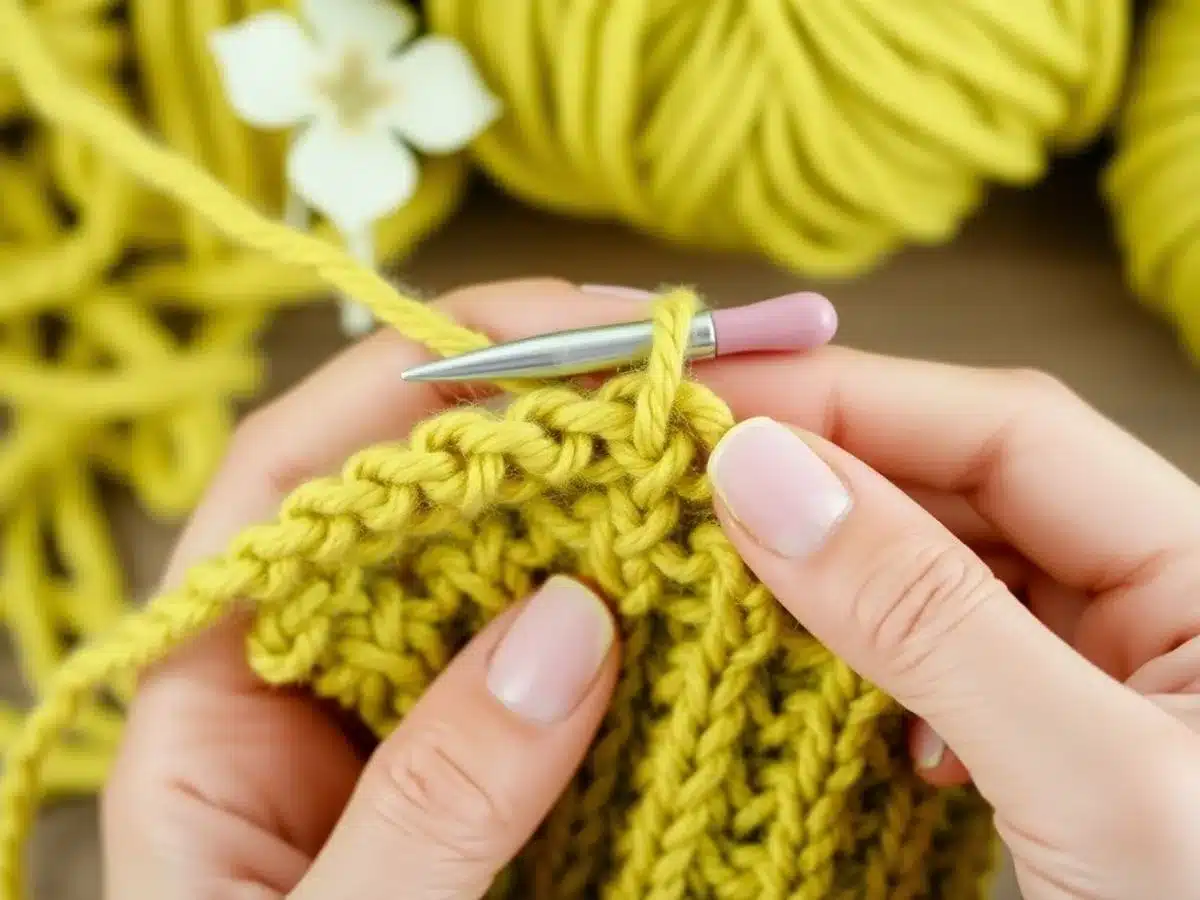 Close-up of hands crocheting with colorful yarn.