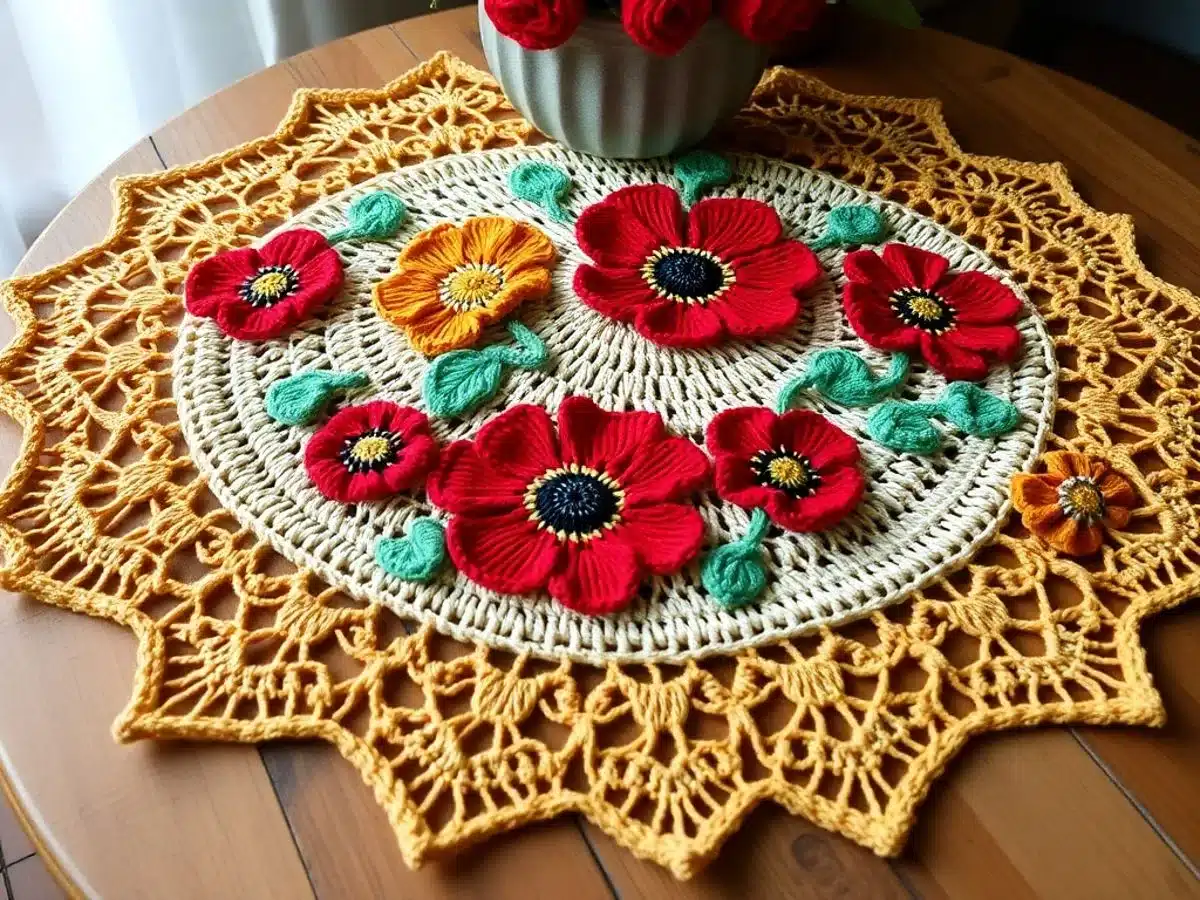 Colorful crochet poppy patterns on a wooden table.