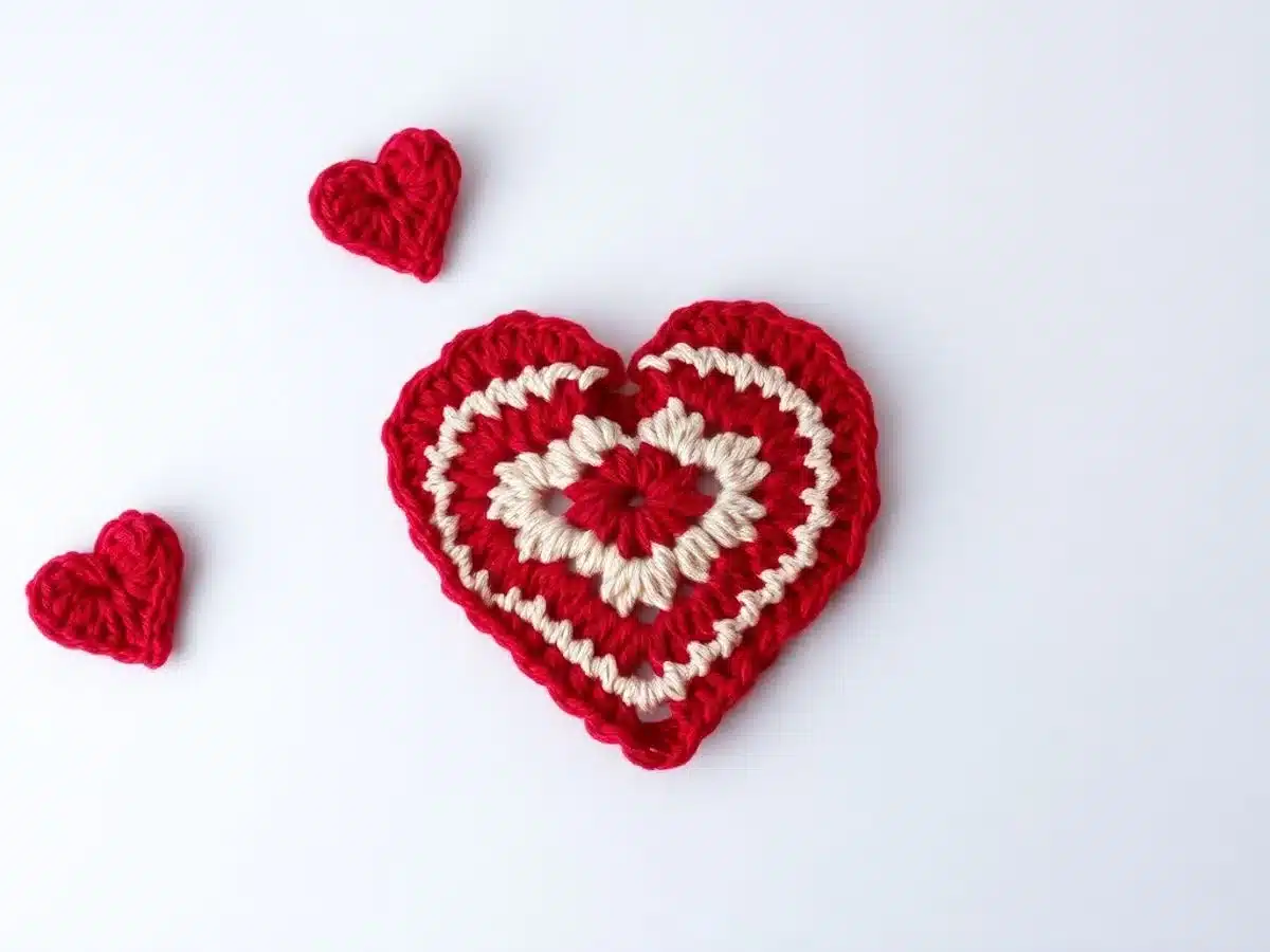 Crocheted red heart on white background.