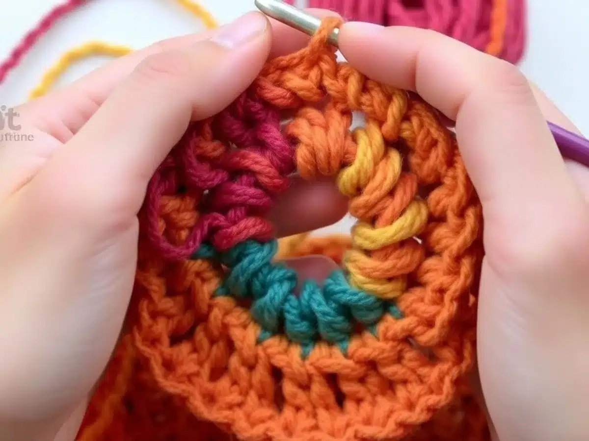 Hands demonstrating the magic ring crochet technique with yarn.