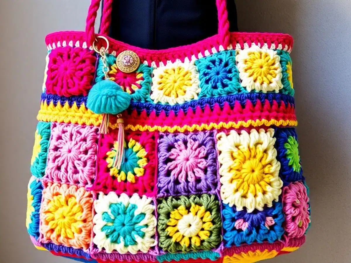 Colorful crochet bag with unique stitch patterns.