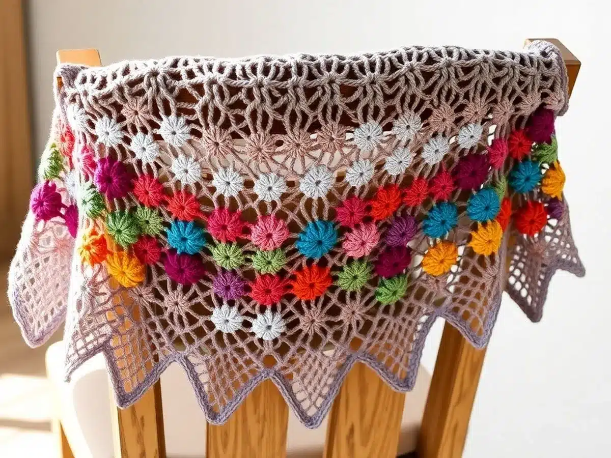 Stylish crochet shrug over a wooden chair.