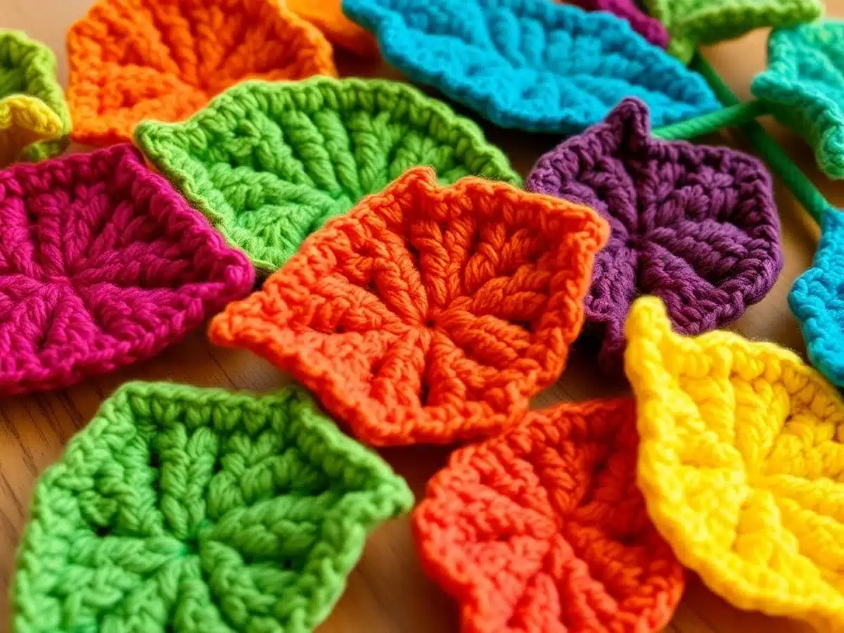 Colorful crochet leaf pattern on wooden surface.