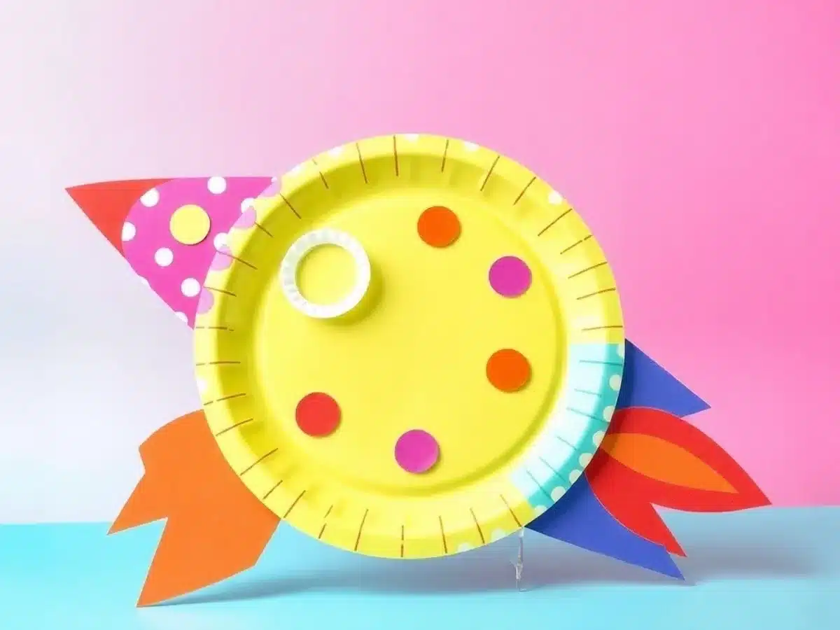 Colorful paper plate rocket craft for kids' activities.