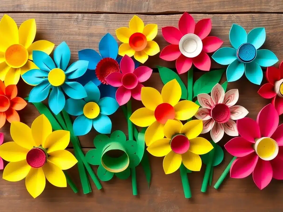 Colorful toilet paper roll flowers on a wooden background.