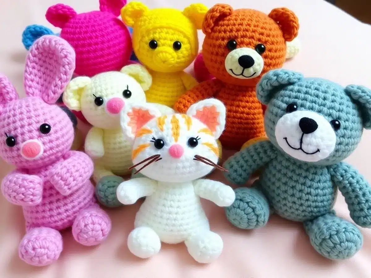 Colorful crocheted animals including a bunny, kitten, and bear.