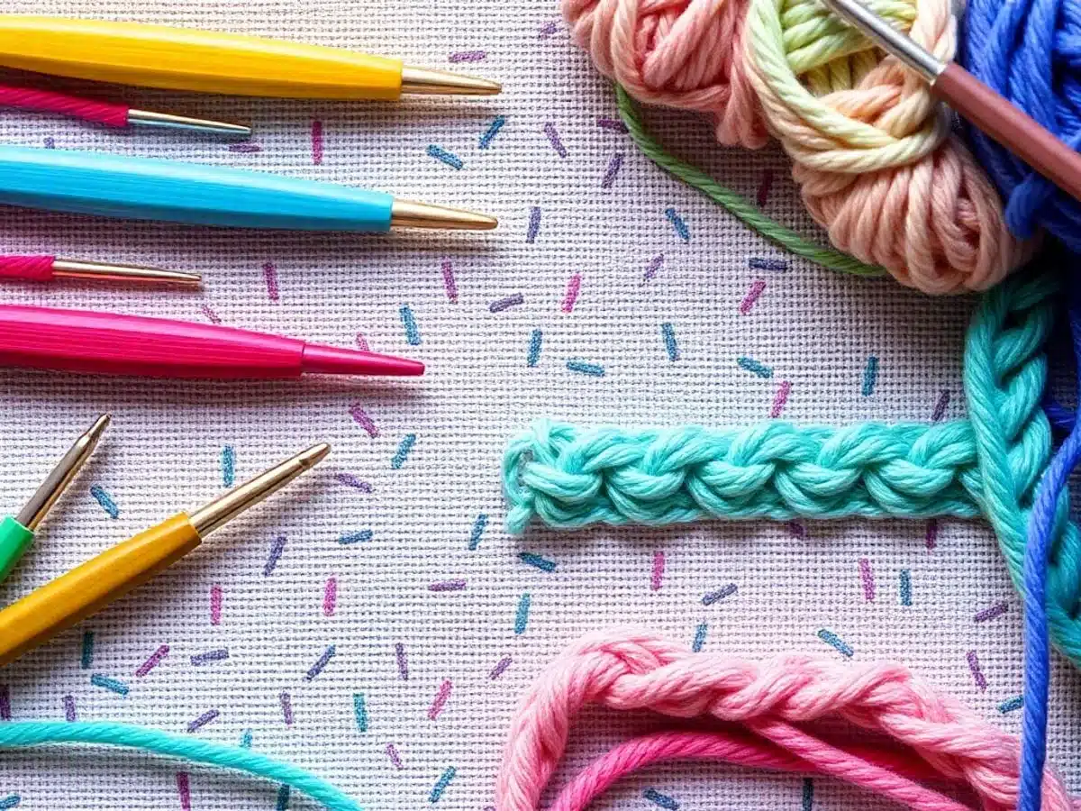 Colorful braided crochet patterns with yarn and hooks.
