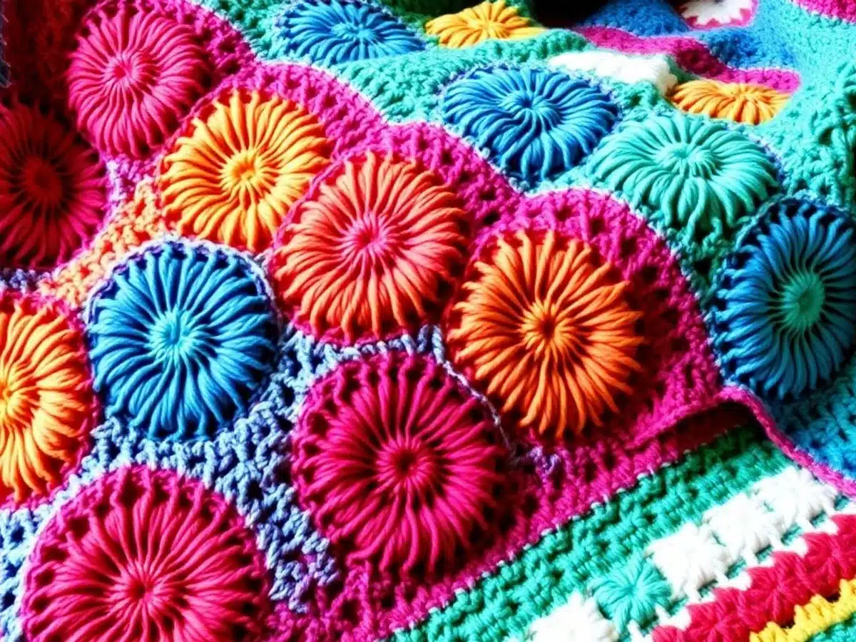 Colorful shell stitch crochet blanket with textured patterns.