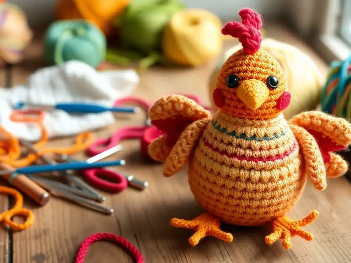 Colorful crochet chicken on a wooden table with yarn.