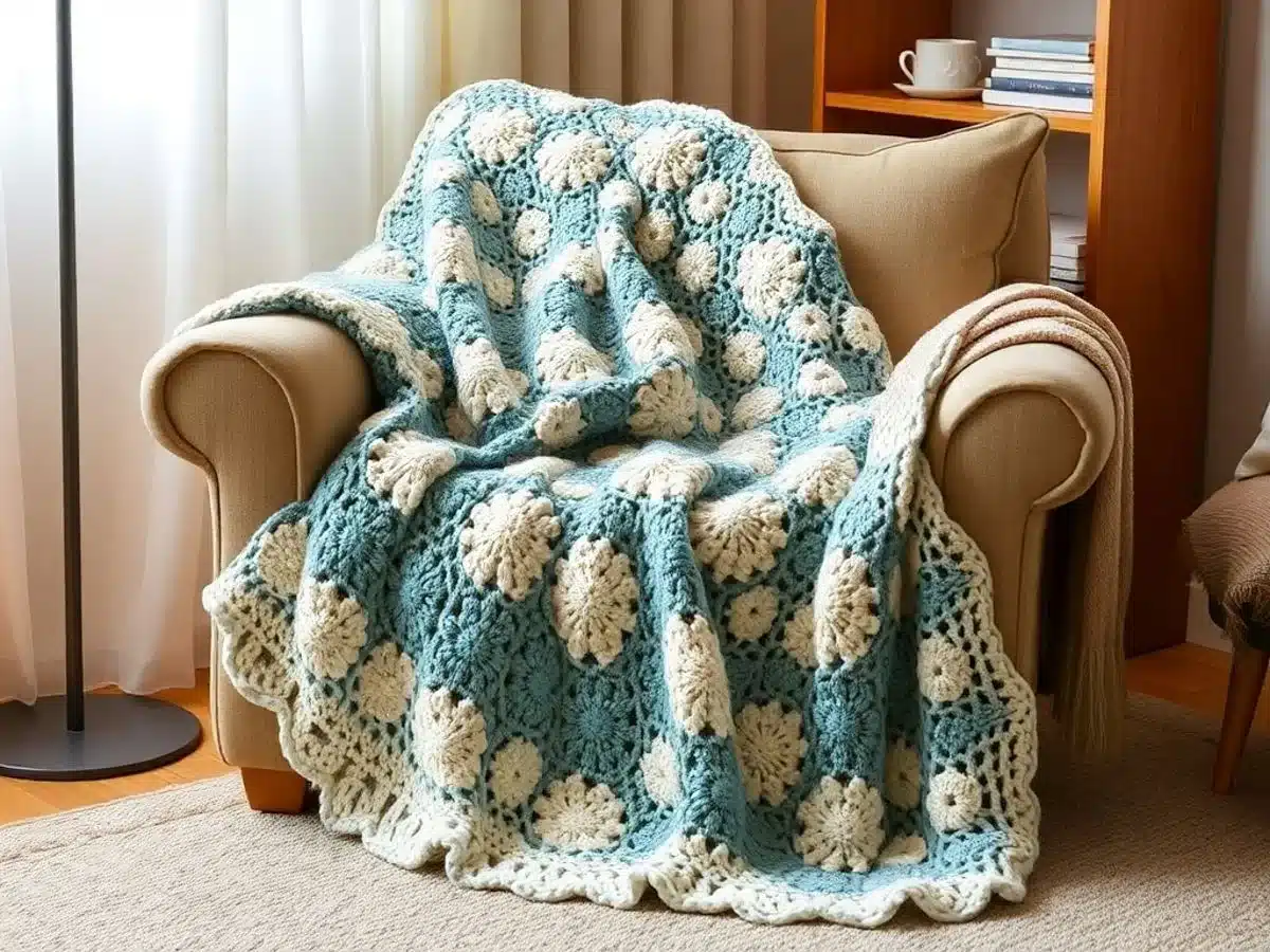 Fauteuil confortable avec une couverture au crochet double colorée.