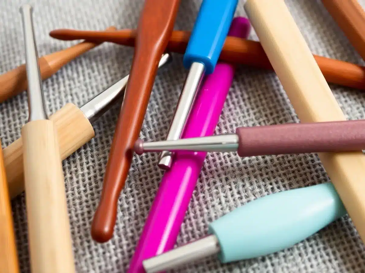 Various crochet hooks made from different materials on fabric.