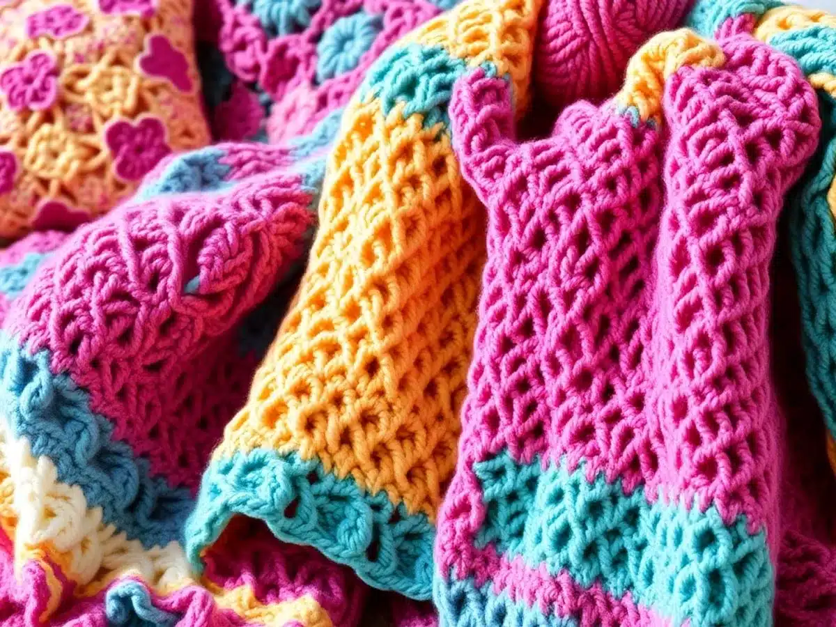 Couvertures et accessoires crochetés colorés au point coquille.
