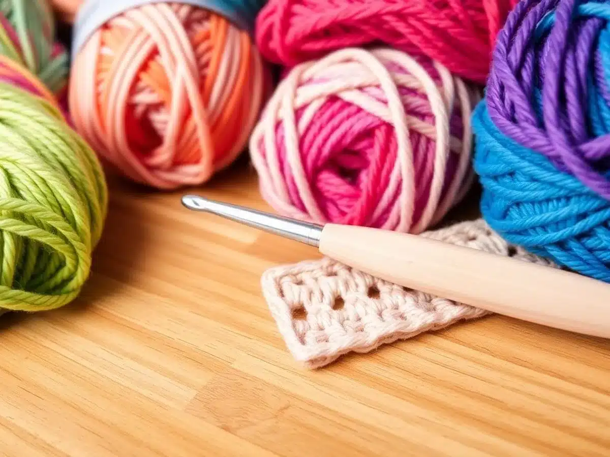 Tunisian crochet hook with colorful yarns on table