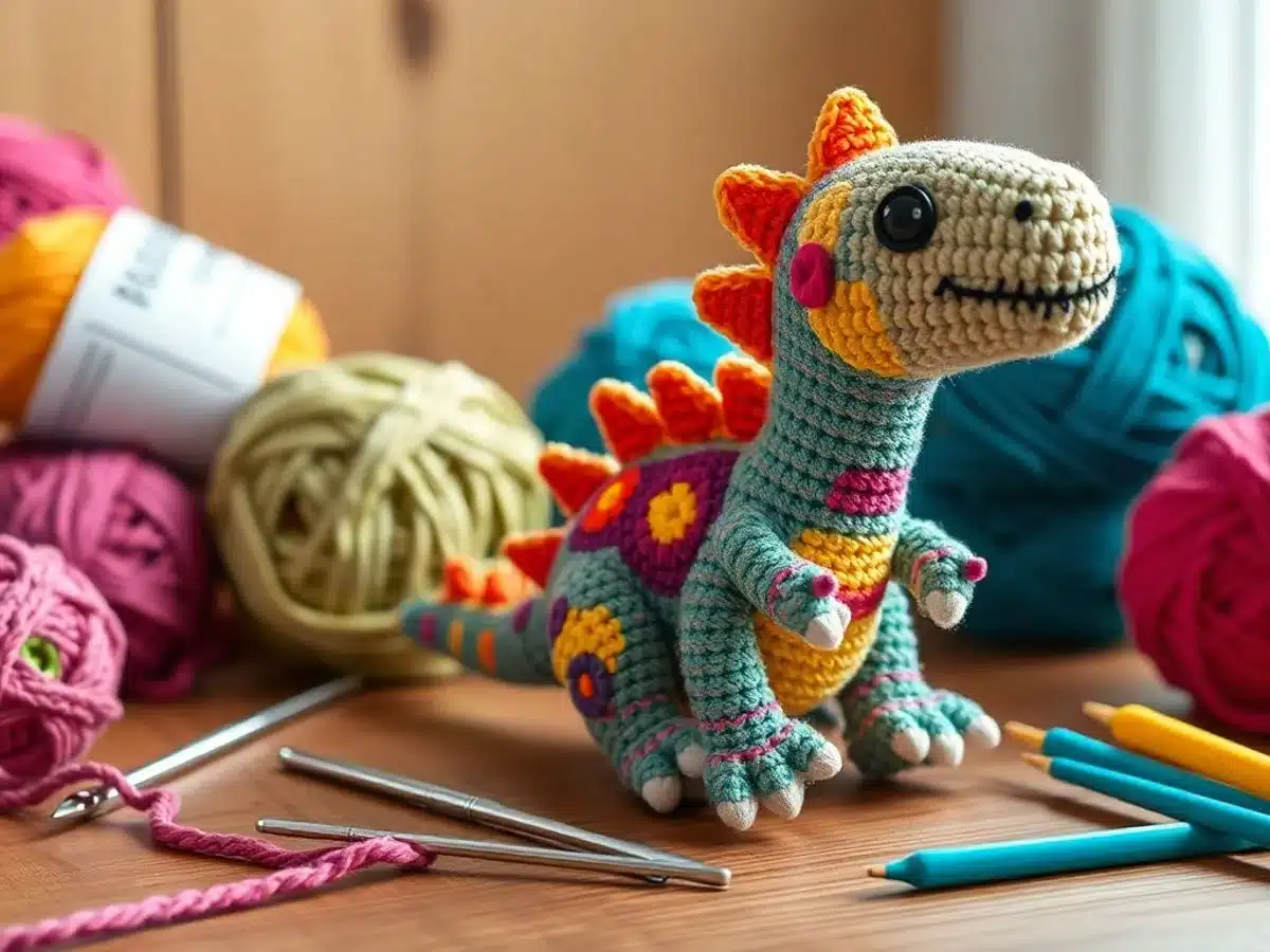 Colorful crochet dinosaur with yarn and hooks.