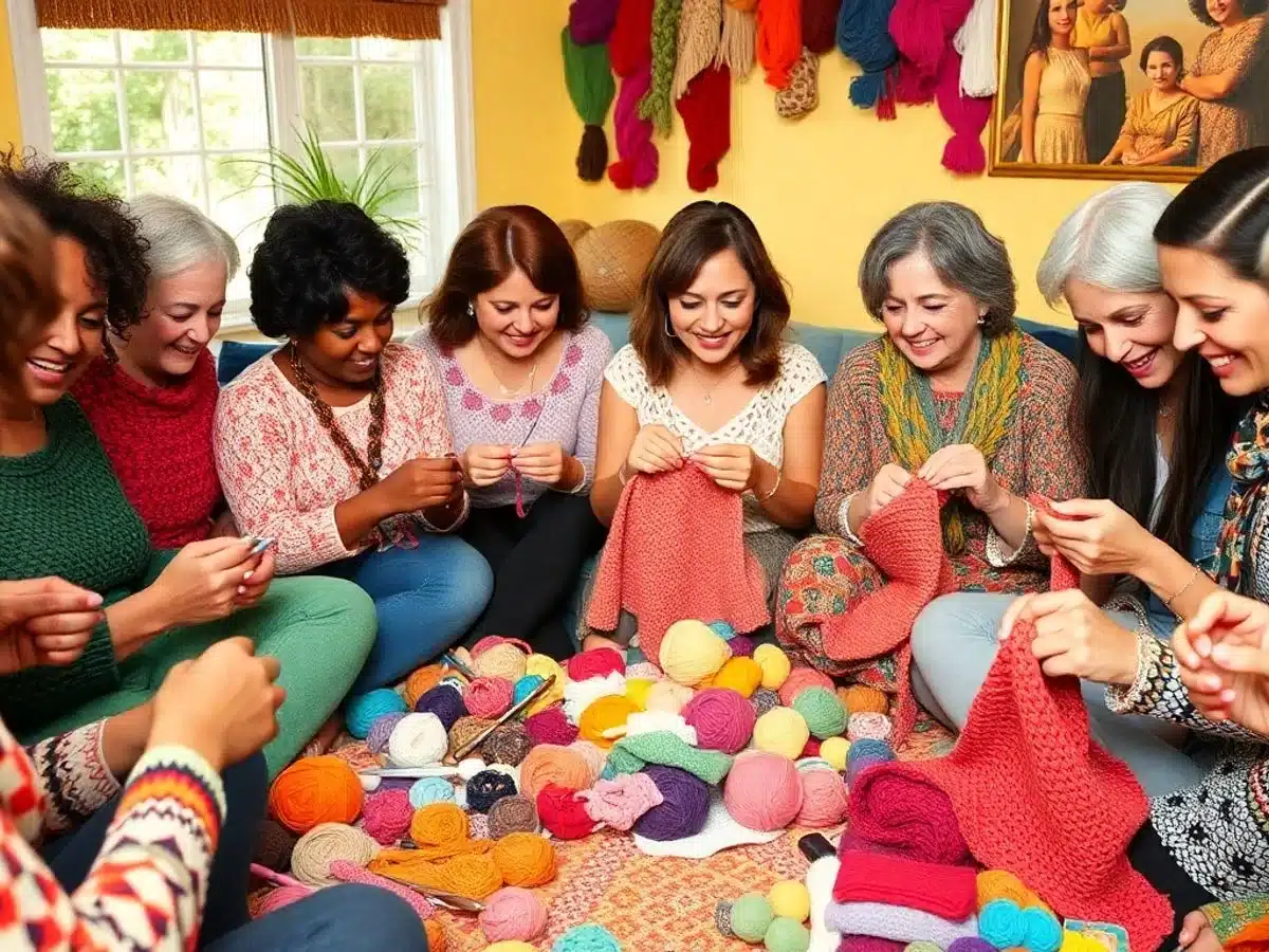 Group of people crocheting with colorful yarn and hooks.
