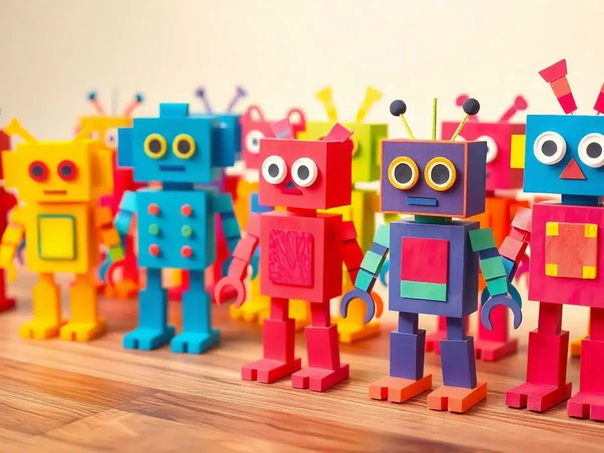 Colorful recycled robots made from construction paper.