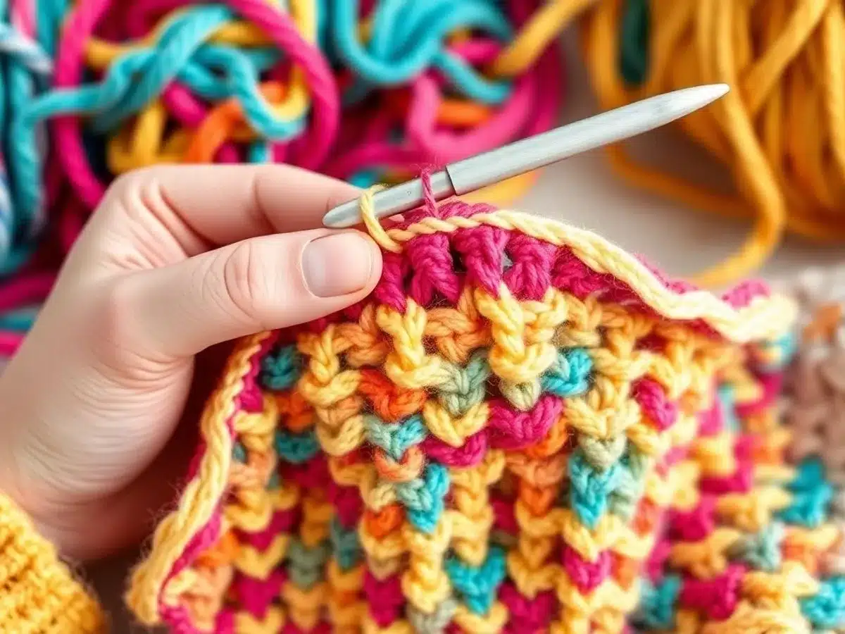 Hands crocheting a colorful double crochet stitch.