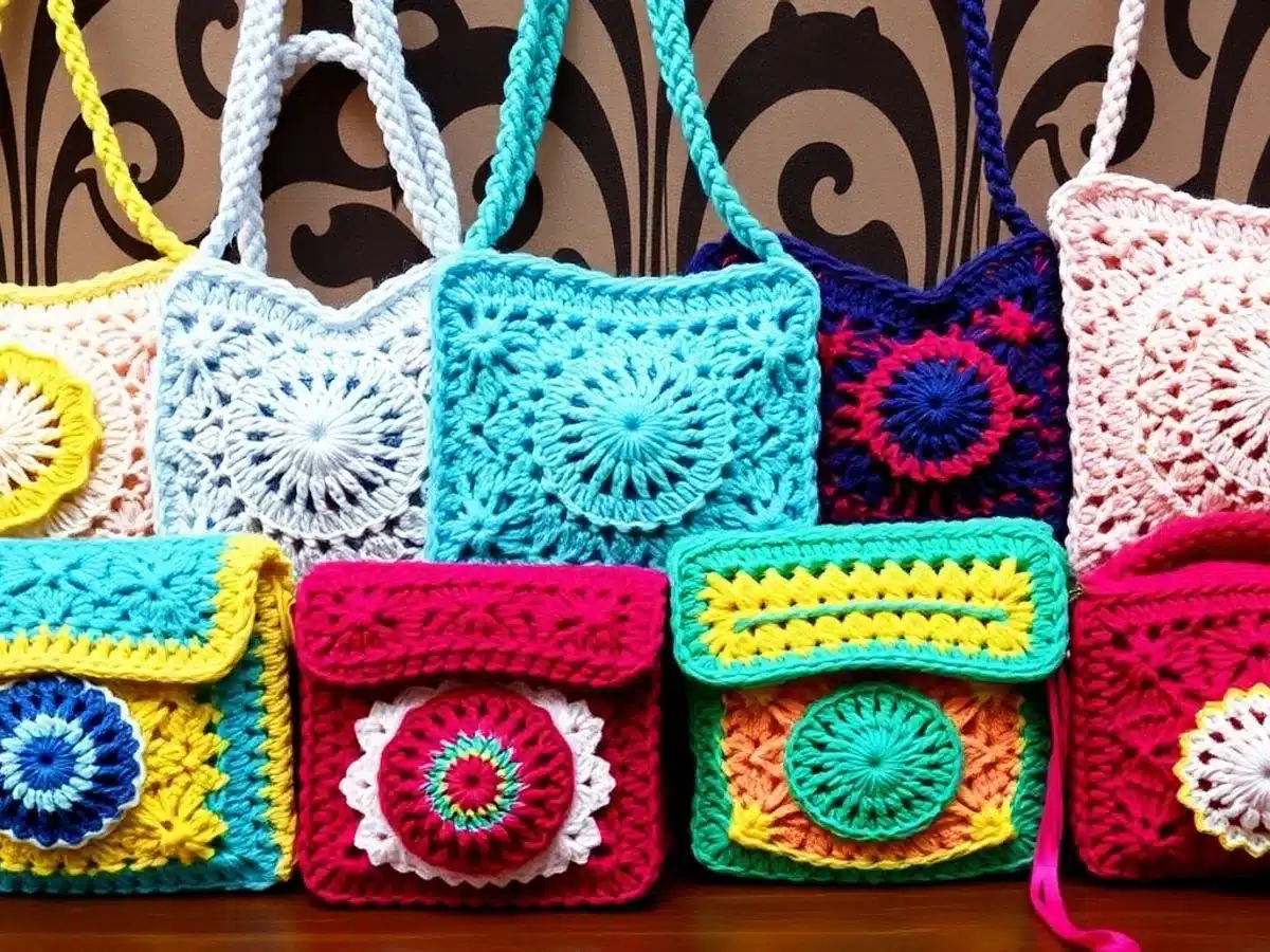 Colorful crochet purses in various designs and textures.