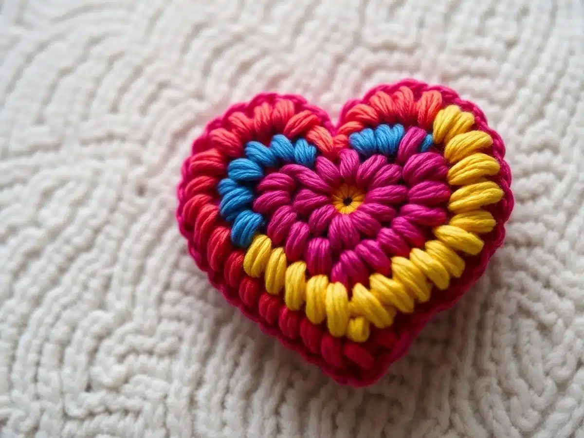 Colorful crochet heart on a textured background.