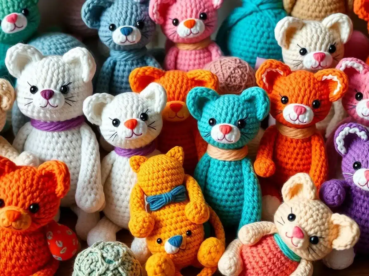 Colorful crochet cats in various adorable patterns.