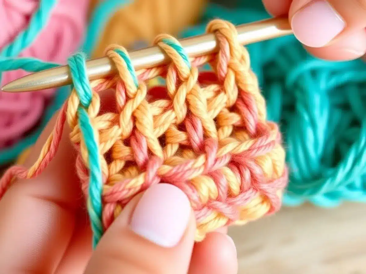 Close-up of hands crocheting a double crochet stitch.