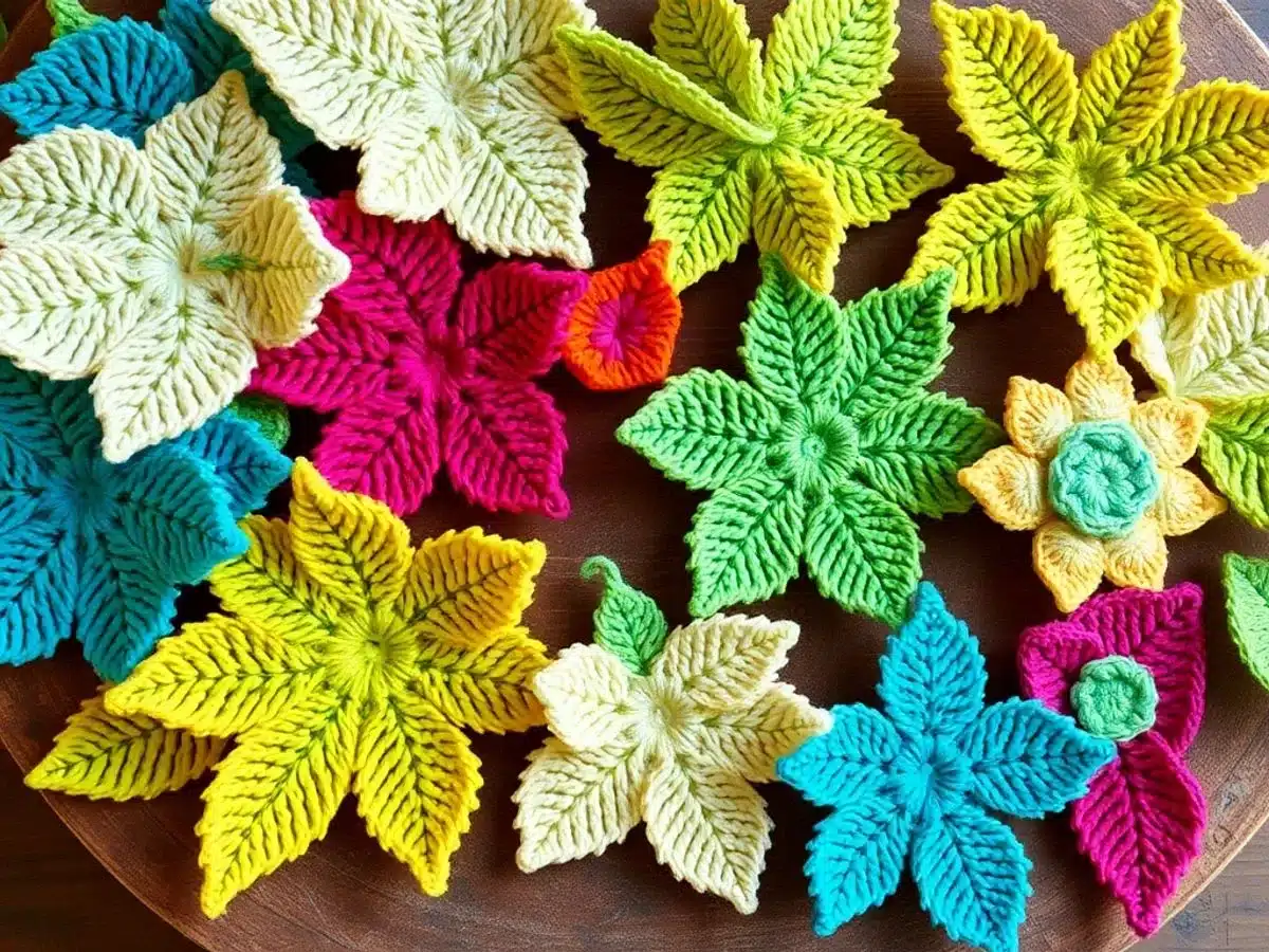 Colorful crochet leaves on a wooden table.