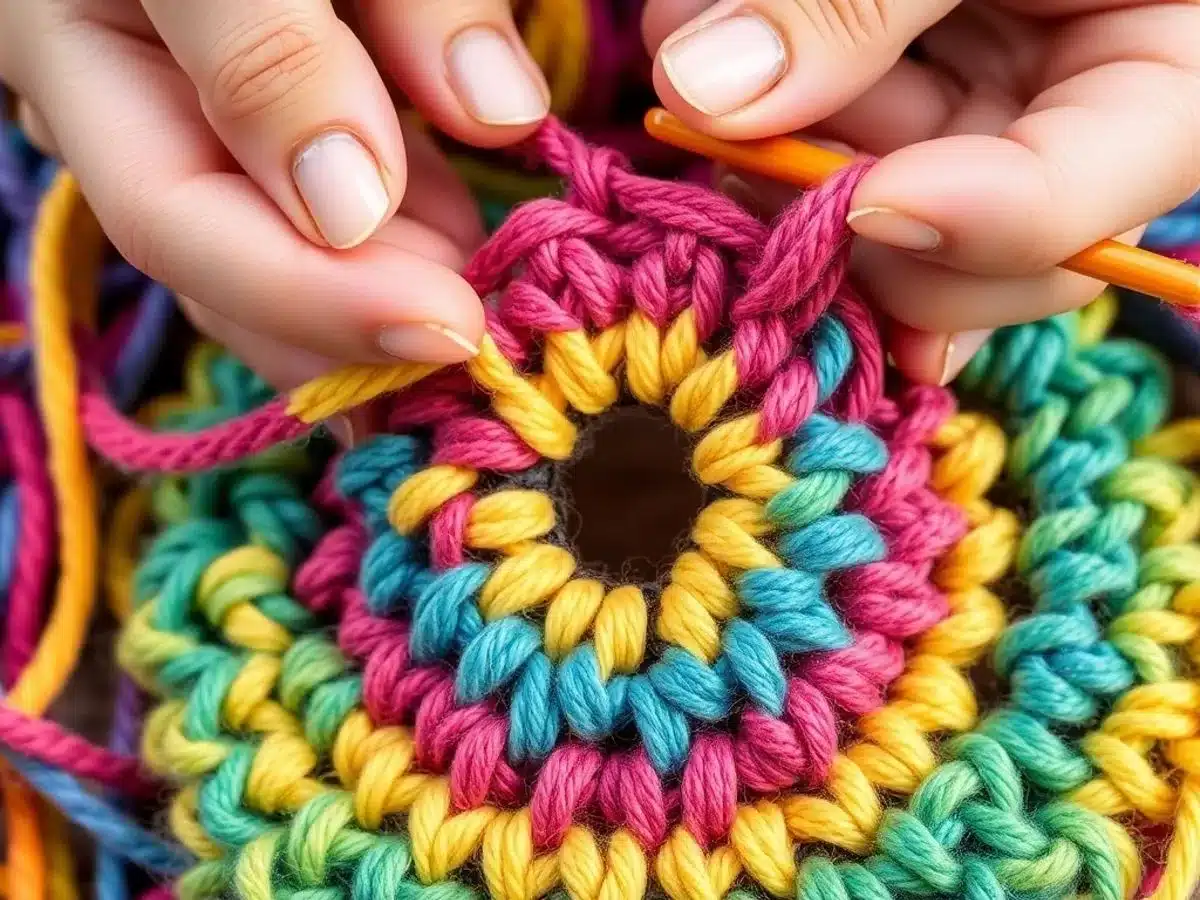 Hands crocheting a magic ring with vibrant yarn.