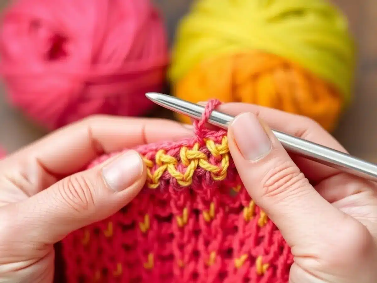 Hands crocheting a half double crochet stitch with yarn.