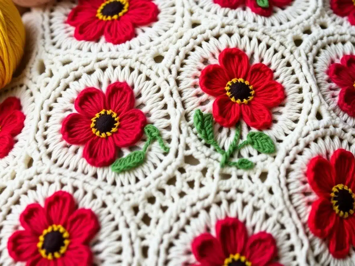 A colorful crochet piece with poppy pattern crochet.