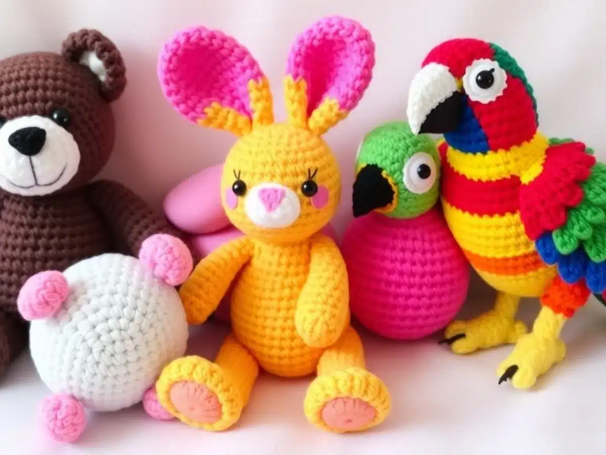Colorful crocheted animals including a bear, bunny, and parrot.