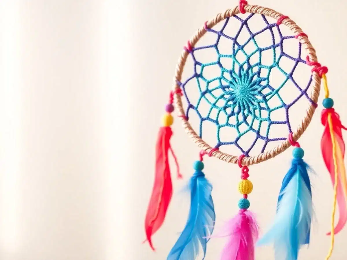 Colorful dream catcher with feathers and beads hanging.