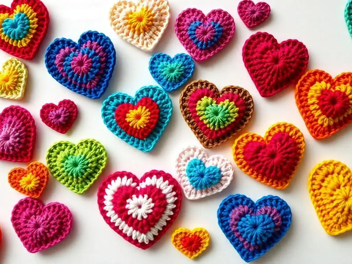 Colorful crocheted hearts in various sizes and designs. Crochet Heart Pattern
