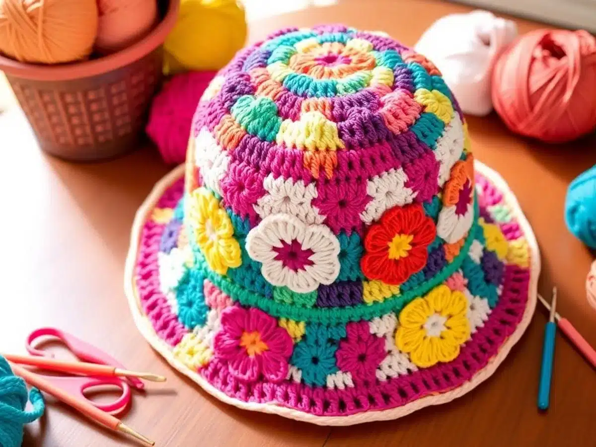 Colorful crochet bucket hat with yarn and hooks.
