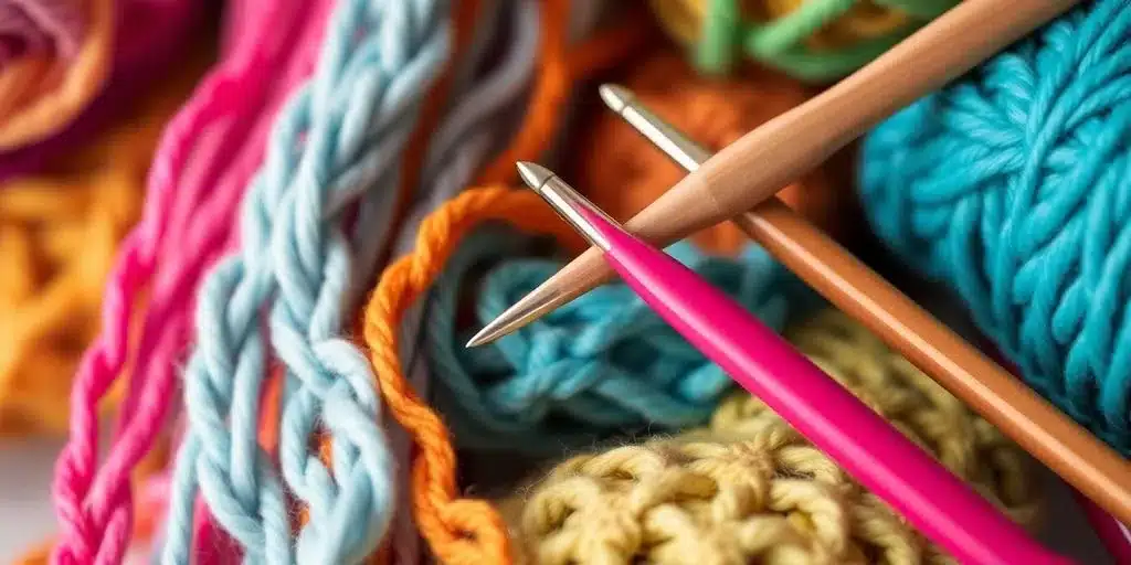 Colorful yarns and hooks for crocheting close-up - where origins of crochet started.