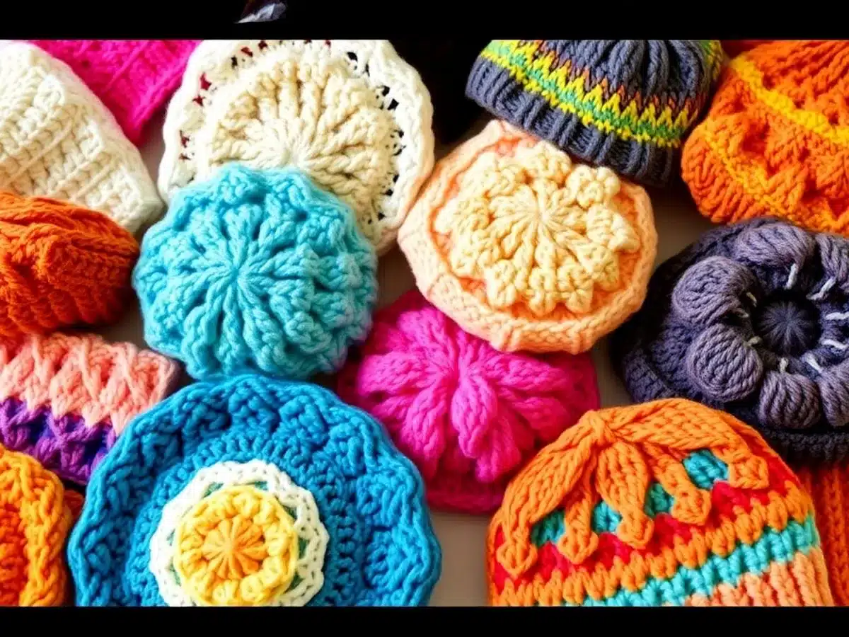 Colorful crocheted hats in different styles and patterns.