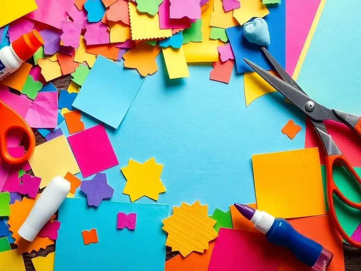 Colorful paper collage with scissors and glue on table.