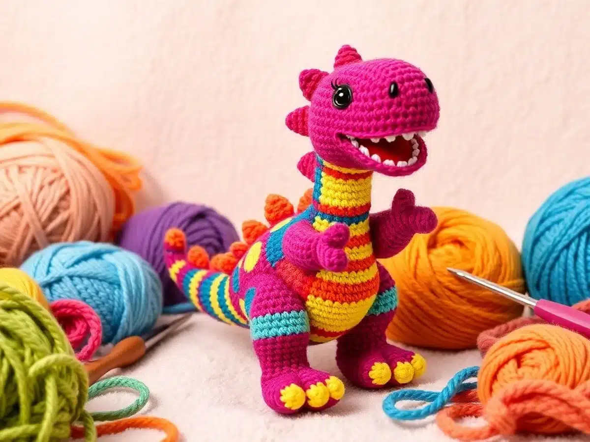 Colorful crochet dinosaur with yarn and hooks.
