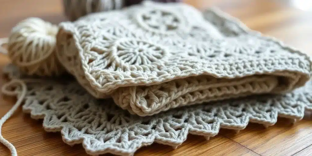 Close-up of delicate crochet patterns on a wooden surface.