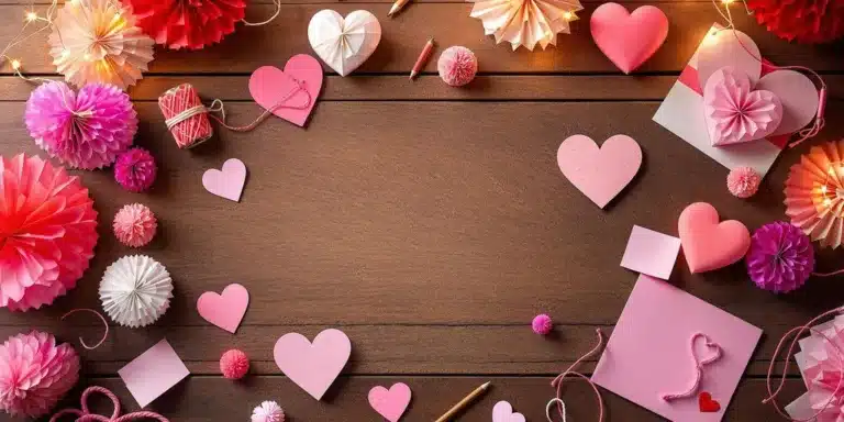Colorful heart-shaped crafts and decorations for Valentine's Day.