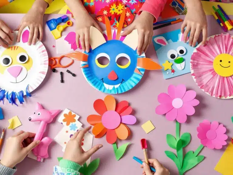 Colorful paper plate crafts created by children.