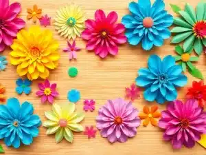 Colorful tissue paper crafts arranged on a wooden surface.
