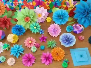 Colorful paper crafts on a wooden table, inviting creativity.